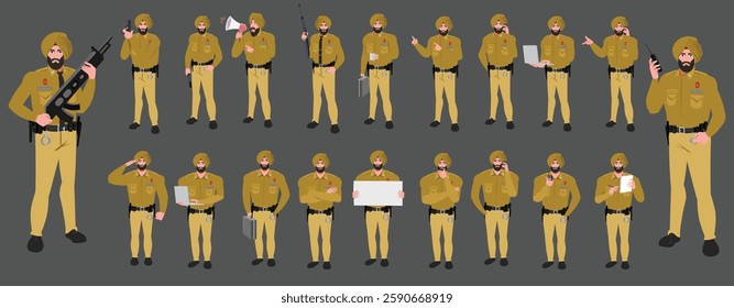 Police Officer Character Design Model Sheet. Man, Character design. Front, side, back view and explainer animation poses. Character set with lip sync and facial expressions and animation sprite.