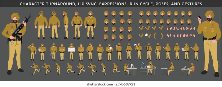 Police Officer Character Design Model Sheet. Man, Character design. Front, side, back view and explainer animation poses. Character set with lip sync and facial expressions and animation sprite.