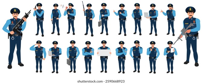 Police Officer Character Design Model Sheet. Man, Character design. Front, side, back view and explainer animation poses. Character set with lip sync and facial expressions and animation sprite.