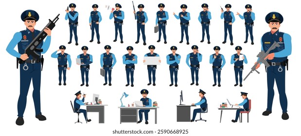 Police Officer Character Design Model Sheet. Man, Character design. Front, side, back view and explainer animation poses. Character set with lip sync and facial expressions and animation sprite.