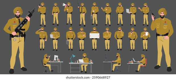 Police Officer Character Design Model Sheet. Man, Character design. Front, side, back view and explainer animation poses. Character set with lip sync and facial expressions and animation sprite.