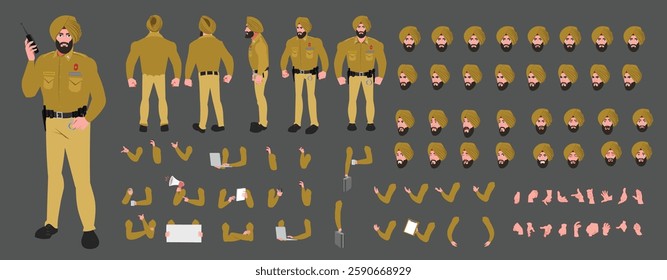 Police Officer Character Design Model Sheet. Man, Character design. Front, side, back view and explainer animation poses. Character set with lip sync and facial expressions and animation sprite.