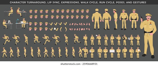 Police Officer Character Design Model Sheet. Man, Character design. Front, side, back view and explainer animation poses. Character set with lip sync and facial expressions and animation sprite.