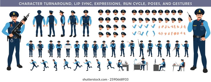 Police Officer Character Design Model Sheet. Man, Character design. Front, side, back view and explainer animation poses. Character set with lip sync and facial expressions and animation sprite.