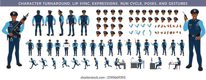 Police Officer Character Design Model Sheet. Man, Character design. Front, side, back view and explainer animation poses. Character set with lip sync and facial expressions and animation sprite.