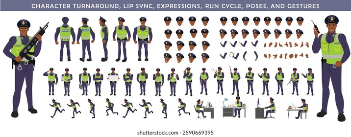 Police Officer Character Design Model Sheet. Man, Character design. Front, side, back view and explainer animation poses. Character set with lip sync and facial expressions and animation sprite.