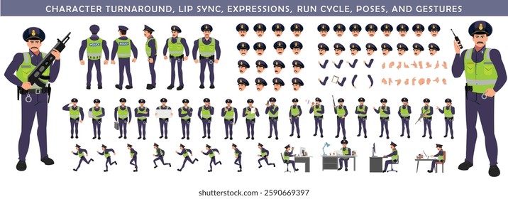 Police Officer Character Design Model Sheet. Man, Character design. Front, side, back view and explainer animation poses. Character set with lip sync and facial expressions and animation sprite.