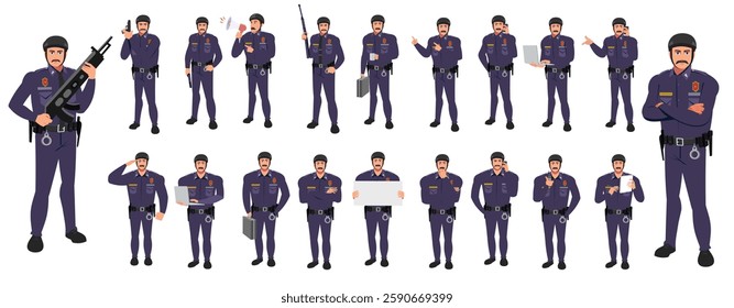 Police Officer Character Design Model Sheet. Man, Character design. Front, side, back view and explainer animation poses. Character set with lip sync and facial expressions and animation sprite.