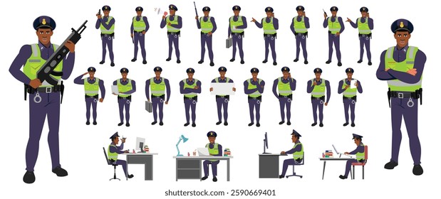 Police Officer Character Design Model Sheet. Man, Character design. Front, side, back view and explainer animation poses. Character set with lip sync and facial expressions and animation sprite.