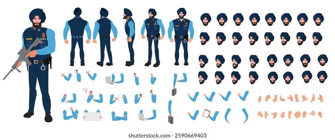 Police Officer Character Design Model Sheet. Man, Character design. Front, side, back view and explainer animation poses. Character set with lip sync and facial expressions and animation sprite.