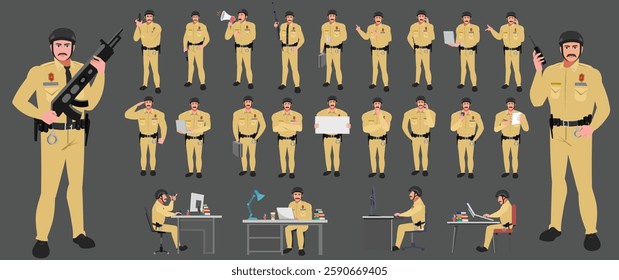 Police Officer Character Design Model Sheet. Man, Character design. Front, side, back view and explainer animation poses. Character set with lip sync and facial expressions and animation sprite.