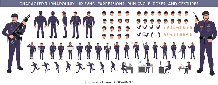 Police Officer Character Design Model Sheet. Man, Character design. Front, side, back view and explainer animation poses. Character set with lip sync and facial expressions and animation sprite.