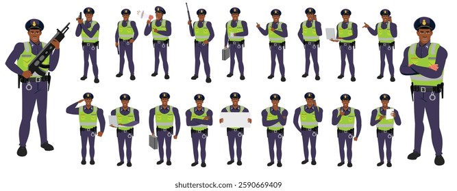 Police Officer Character Design Model Sheet. Man, Character design. Front, side, back view and explainer animation poses. Character set with lip sync and facial expressions and animation sprite.