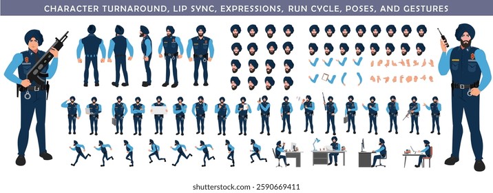 Police Officer Character Design Model Sheet. Man, Character design. Front, side, back view and explainer animation poses. Character set with lip sync and facial expressions and animation sprite.