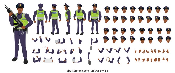 Police Officer Character Design Model Sheet. Man, Character design. Front, side, back view and explainer animation poses. Character set with lip sync and facial expressions and animation sprite.