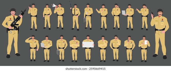 Police Officer Character Design Model Sheet. Man, Character design. Front, side, back view and explainer animation poses. Character set with lip sync and facial expressions and animation sprite.