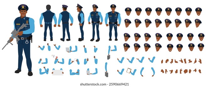 Police Officer Character Design Model Sheet. Man, Character design. Front, side, back view and explainer animation poses. Character set with lip sync and facial expressions and animation sprite.