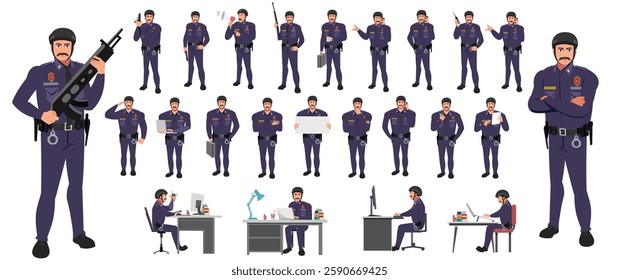 Police Officer Character Design Model Sheet. Man, Character design. Front, side, back view and explainer animation poses. Character set with lip sync and facial expressions and animation sprite.