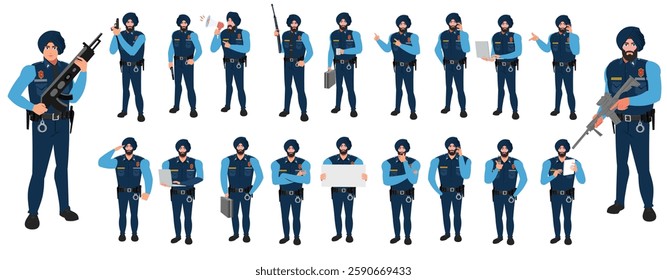 Police Officer Character Design Model Sheet. Man, Character design. Front, side, back view and explainer animation poses. Character set with lip sync and facial expressions and animation sprite.