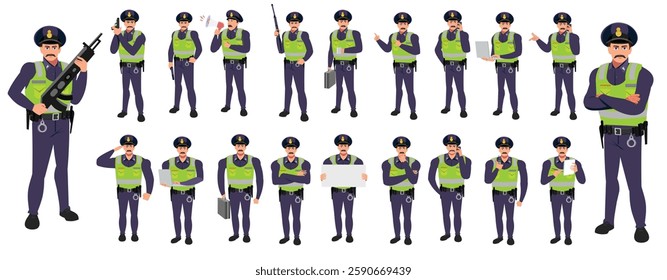 Police Officer Character Design Model Sheet. Man, Character design. Front, side, back view and explainer animation poses. Character set with lip sync and facial expressions and animation sprite.