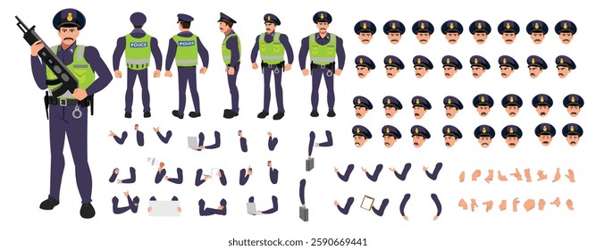 Police Officer Character Design Model Sheet. Man, Character design. Front, side, back view and explainer animation poses. Character set with lip sync and facial expressions and animation sprite.