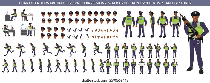 Police Officer Character Design Model Sheet. Man, Character design. Front, side, back view and explainer animation poses. Character set with lip sync and facial expressions and animation sprite.