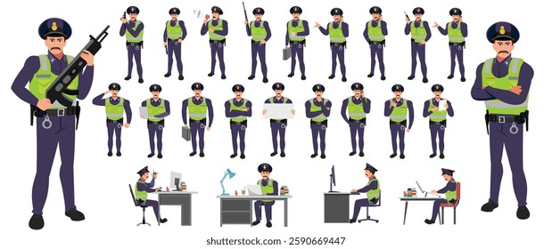 Police Officer Character Design Model Sheet. Man, Character design. Front, side, back view and explainer animation poses. Character set with lip sync and facial expressions and animation sprite.