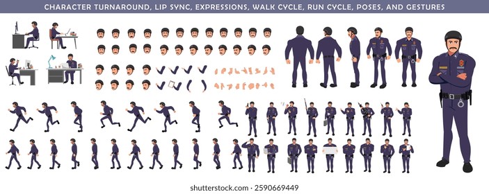 Police Officer Character Design Model Sheet. Man, Character design. Front, side, back view and explainer animation poses. Character set with lip sync and facial expressions and animation sprite.