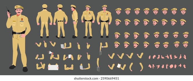 Police Officer Character Design Model Sheet. Man, Character design. Front, side, back view and explainer animation poses. Character set with lip sync and facial expressions and animation sprite.