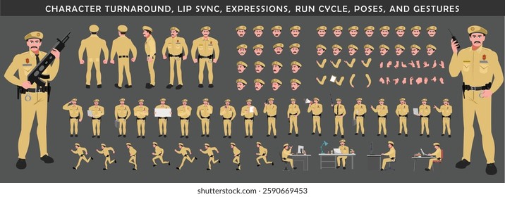 Police Officer Character Design Model Sheet. Man, Character design. Front, side, back view and explainer animation poses. Character set with lip sync and facial expressions and animation sprite.