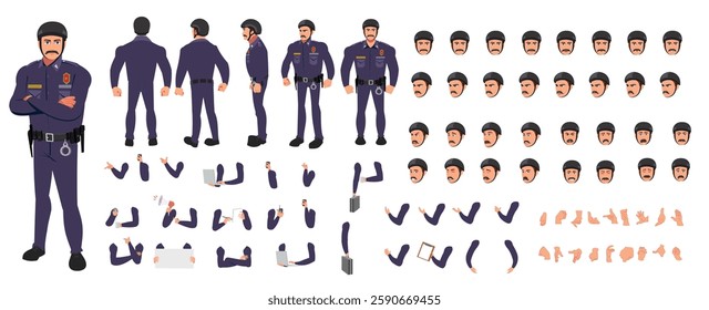 Police Officer Character Design Model Sheet. Man, Character design. Front, side, back view and explainer animation poses. Character set with lip sync and facial expressions and animation sprite.