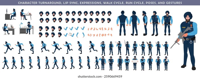 Police Officer Character Design Model Sheet. Man, Character design. Front, side, back view and explainer animation poses. Character set with lip sync and facial expressions and animation sprite.