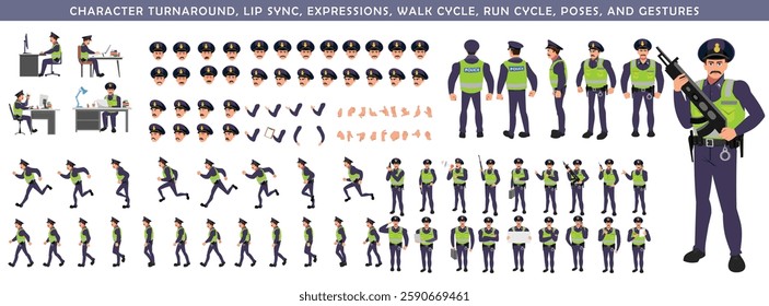 Police Officer Character Design Model Sheet. Man, Character design. Front, side, back view and explainer animation poses. Character set with lip sync and facial expressions and animation sprite.