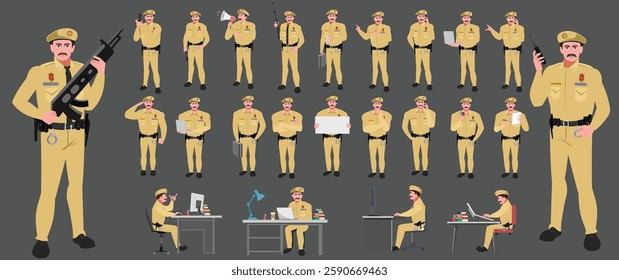 Police Officer Character Design Model Sheet. Man, Character design. Front, side, back view and explainer animation poses. Character set with lip sync and facial expressions and animation sprite.