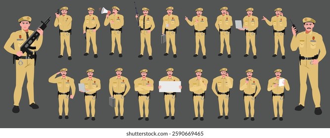 Police Officer Character Design Model Sheet. Man, Character design. Front, side, back view and explainer animation poses. Character set with lip sync and facial expressions and animation sprite.