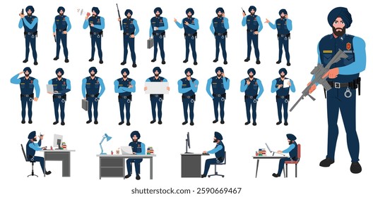 Police Officer Character Design Model Sheet. Man, Character design. Front, side, back view and explainer animation poses. Character set with lip sync and facial expressions and animation sprite.