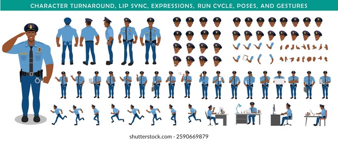 Police Officer Character Design Model Sheet. Man, Character design. Front, side, back view and explainer animation poses. Character set with lip sync and facial expressions and animation sprite.