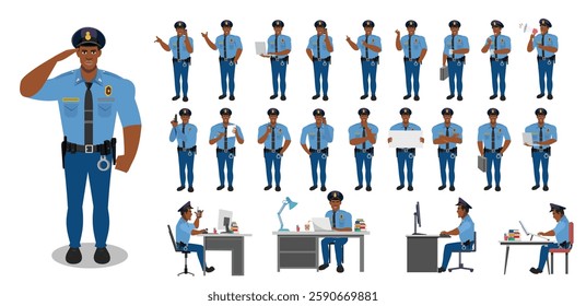 Police Officer Character Design Model Sheet. Man, Character design. Front, side, back view and explainer animation poses. Character set with lip sync and facial expressions and animation sprite.