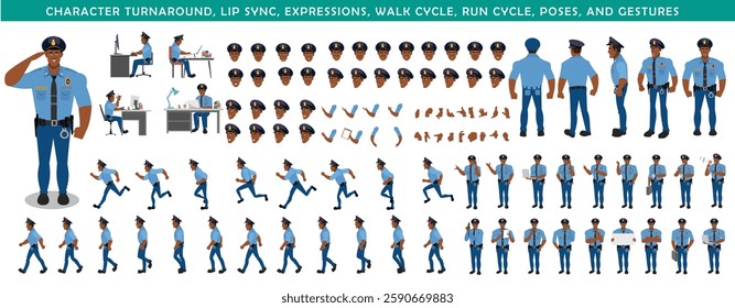 Police Officer Character Design Model Sheet. Man, Character design. Front, side, back view and explainer animation poses. Character set with lip sync and facial expressions and animation sprite.