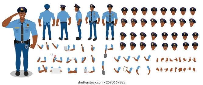 Police Officer Character Design Model Sheet. Man, Character design. Front, side, back view and explainer animation poses. Character set with lip sync and facial expressions and animation sprite.