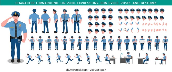 Police Officer Character Design Model Sheet. Man, Character design. Front, side, back view and explainer animation poses. Character set with lip sync and facial expressions and animation sprite.