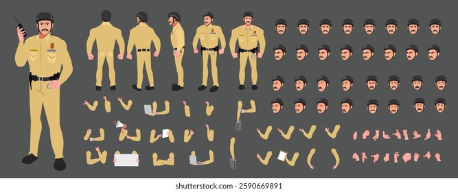 Police Officer Character Design Model Sheet. Man, Character design. Front, side, back view and explainer animation poses. Character set with lip sync and facial expressions and animation sprite.