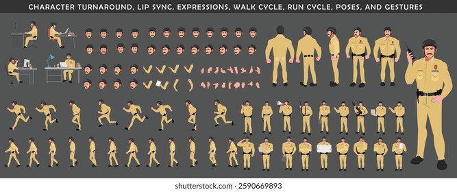 Police Officer Character Design Model Sheet. Man, Character design. Front, side, back view and explainer animation poses. Character set with lip sync and facial expressions and animation sprite.