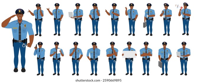 Police Officer Character Design Model Sheet. Man, Character design. Front, side, back view and explainer animation poses. Character set with lip sync and facial expressions and animation sprite.