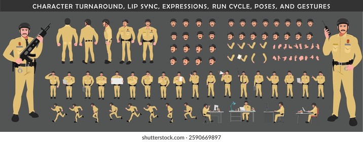 Police Officer Character Design Model Sheet. Man, Character design. Front, side, back view and explainer animation poses. Character set with lip sync and facial expressions and animation sprite.