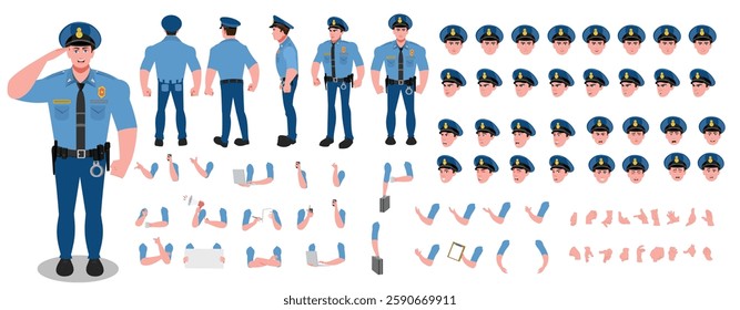 Police Officer Character Design Model Sheet. Man, Character design. Front, side, back view and explainer animation poses. Character set with lip sync and facial expressions and animation sprite.