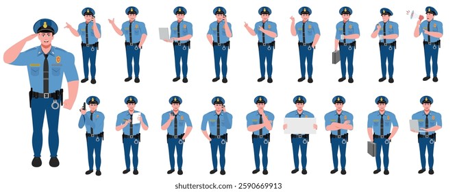 Police Officer Character Design Model Sheet. Man, Character design. Front, side, back view and explainer animation poses. Character set with lip sync and facial expressions and animation sprite.