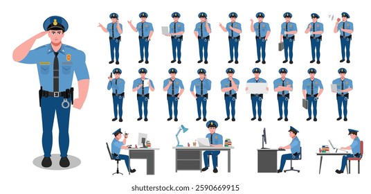 Police Officer Character Design Model Sheet. Man, Character design. Front, side, back view and explainer animation poses. Character set with lip sync and facial expressions and animation sprite.