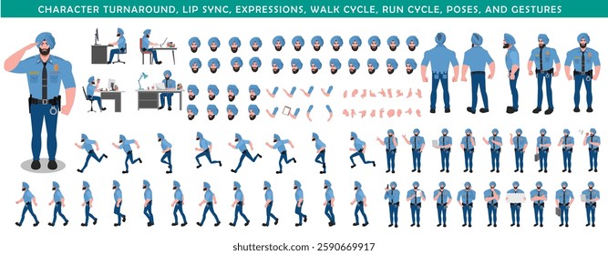 Police Officer Character Design Model Sheet. Man, Character design. Front, side, back view and explainer animation poses. Character set with lip sync and facial expressions and animation sprite.