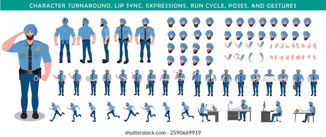 Police Officer Character Design Model Sheet. Man, Character design. Front, side, back view and explainer animation poses. Character set with lip sync and facial expressions and animation sprite.